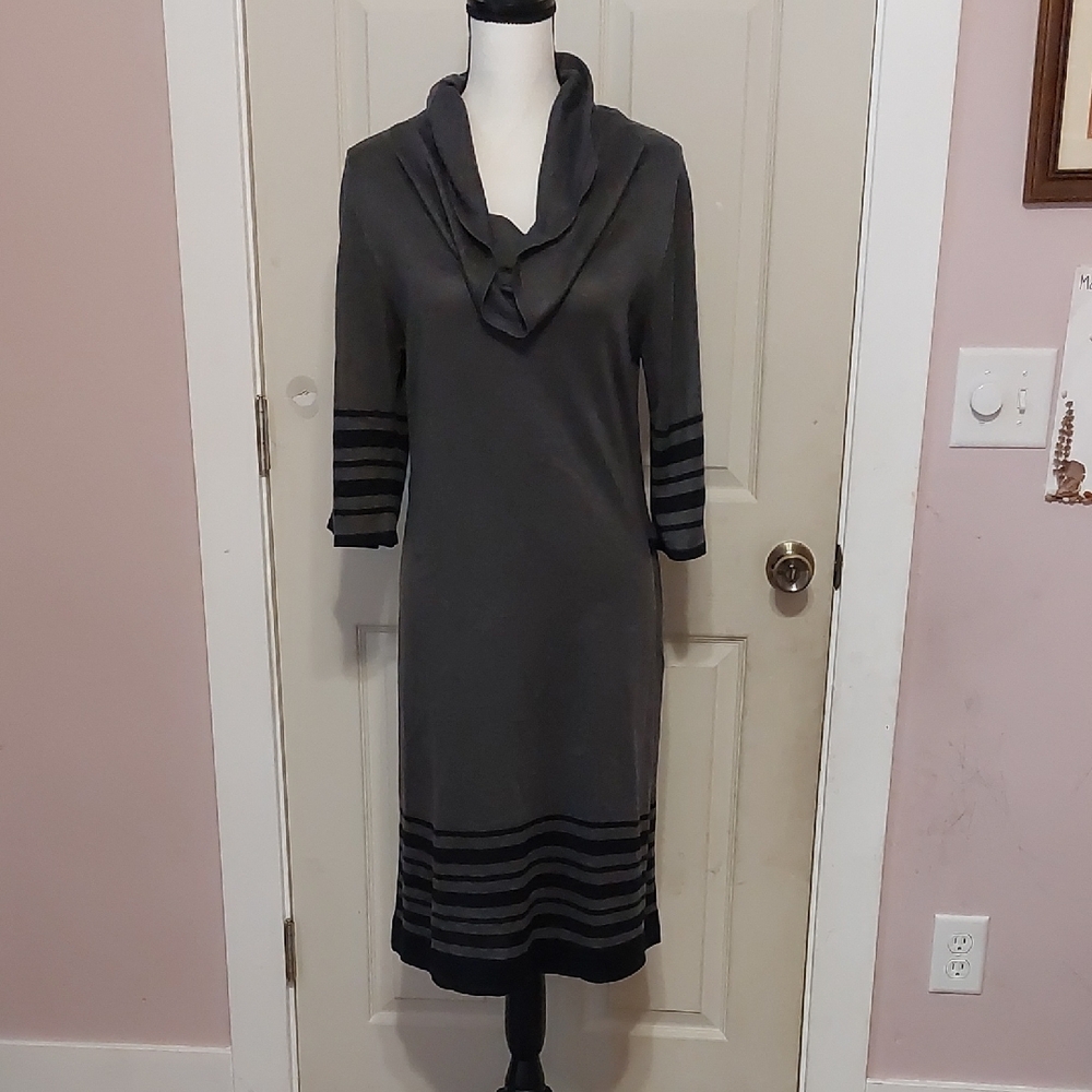 Signature By Sangria Gray Black Stripes Cowl Neck Half Sleeves Sweater Dress